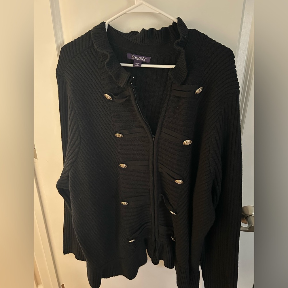 Roman's Black Ribbed Cardigan with Gold Buttons